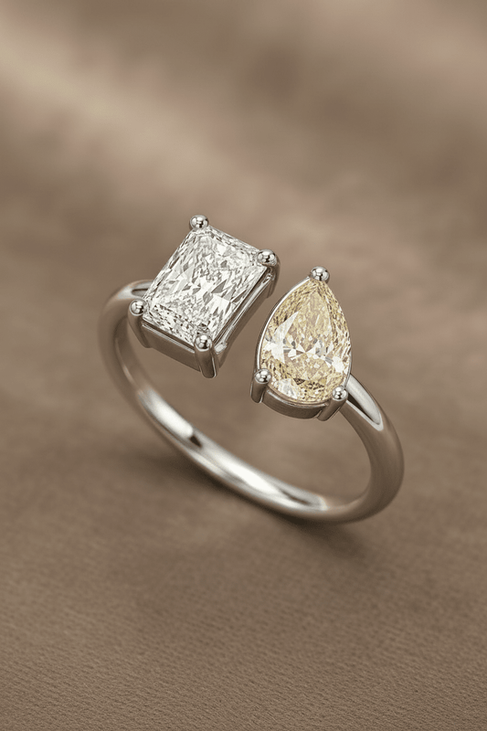 Lab Grown Diamond RING1080~ Toi et Moi, Radiant & Fancy Yellow Pear Cut