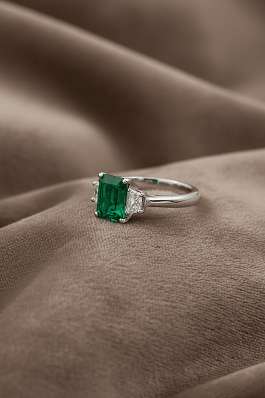 Natural Three Stone Emerald Cut-Emerald & Trillion Side Stones RINGS1122~ 1.53 carats