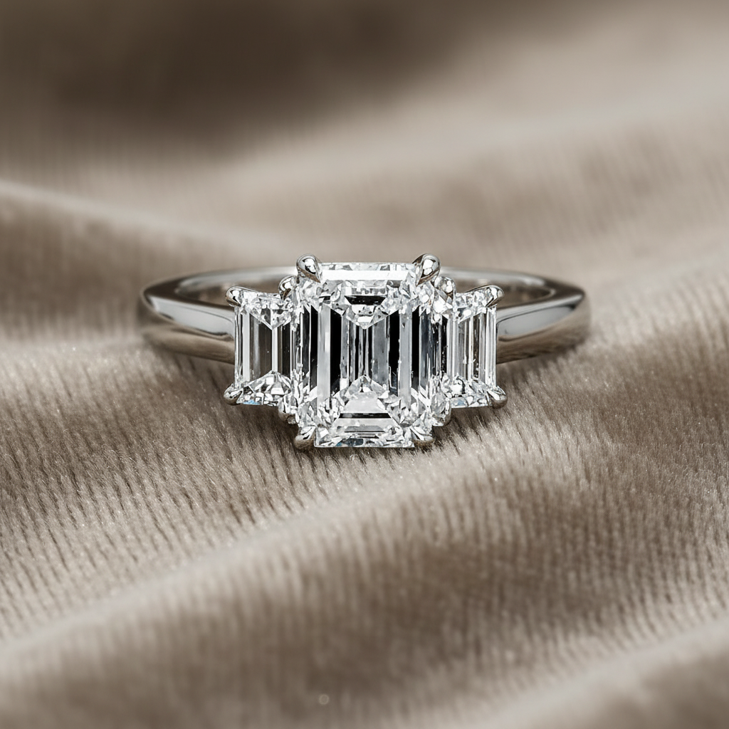"ENGR03049" Three Stone Emerald Cut Diamond Engagement Ring
