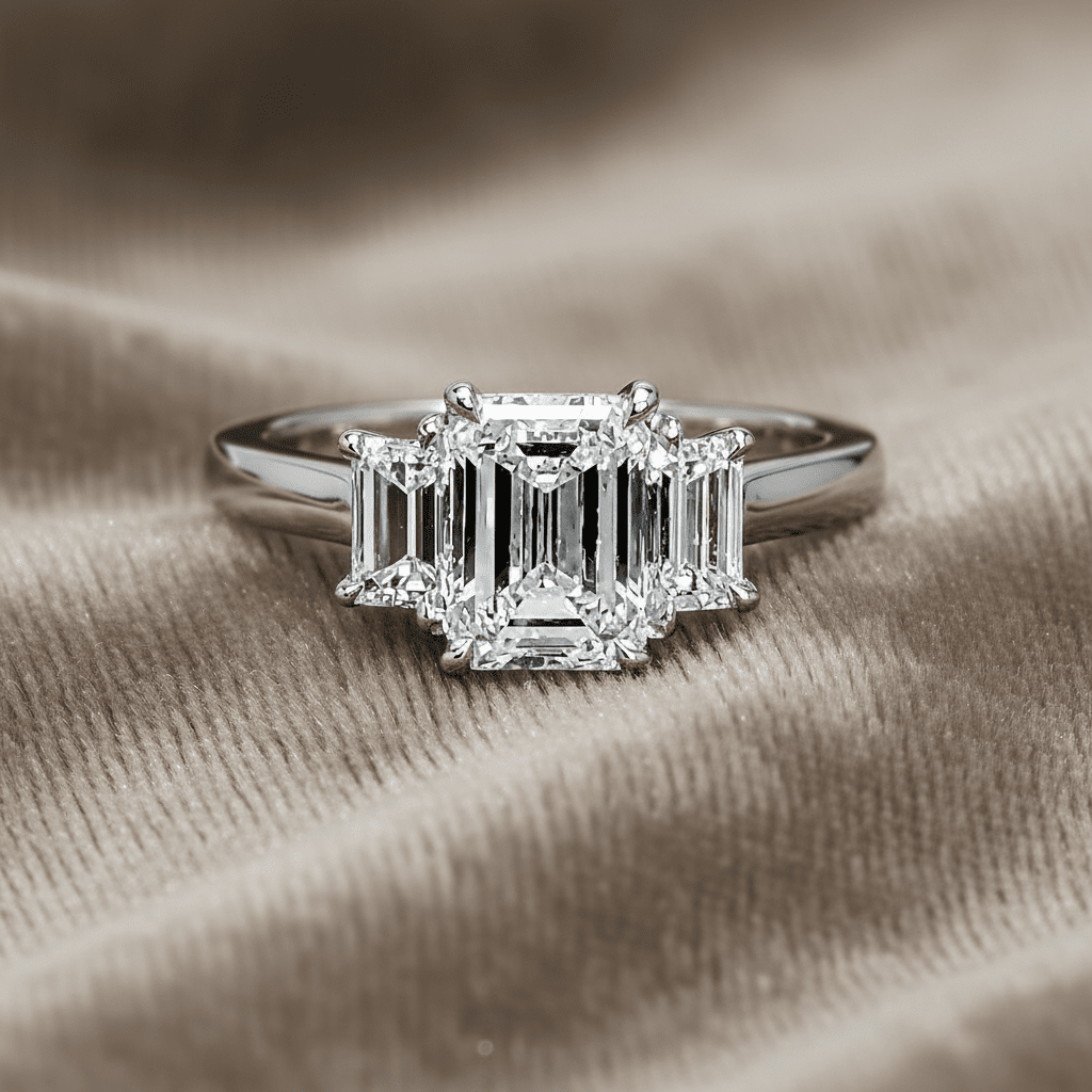 "ENGR03049" Three Stone Emerald Cut Diamond Engagement Ring