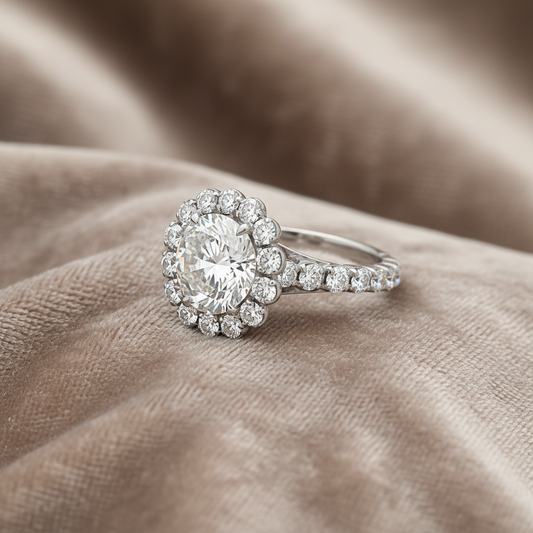 3.87 Total Carat Round Halo and Pave Set Engagement Ring H VS2