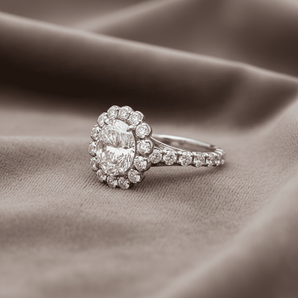 3.87 Total Carat Round Halo and Pave Set Engagement Ring H VS2