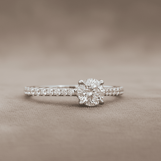 "ENGR03354" 0.99 Carat Round Diamond With Pavé Cathedral Setting in 18K White Gold
