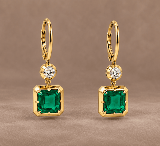 Colombiam Emerald & Diamond Asscher - Cut Drop Earrings 14K Yellow Gold