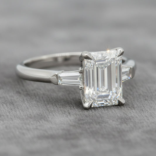Lab Diamond~Emerald Cut Engagement Ring With Baguette Side Stone