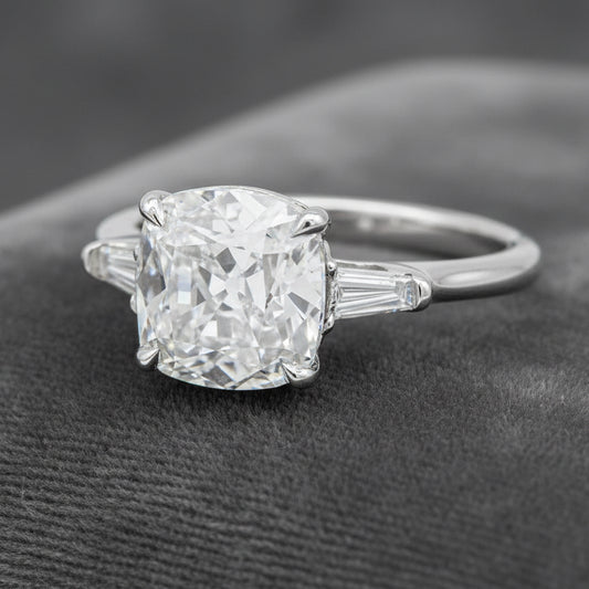Lab Diamond~Cushion Cut engagement Ring With Baguette Side Stones