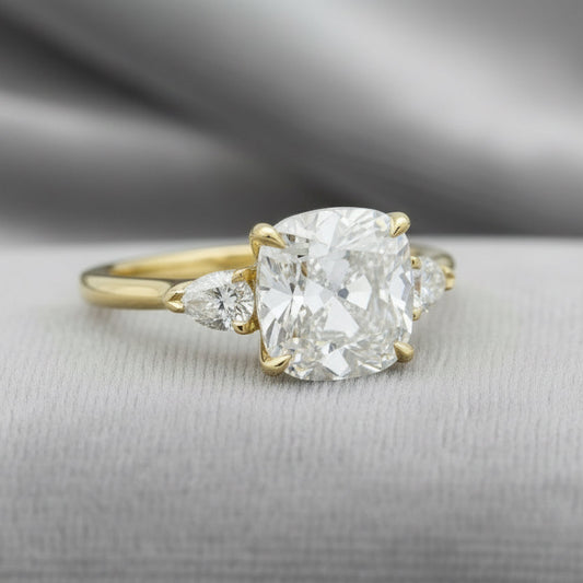 Lab Diamond~ Cushion Cut Engagement Ring With Pear Cut side Stones