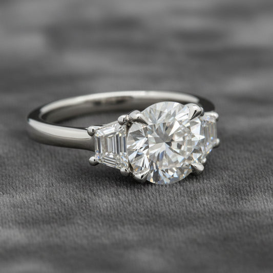 Lab Diamond~ Round Brilliant Cut Engagement Ring With Trapezoid Side Stones
