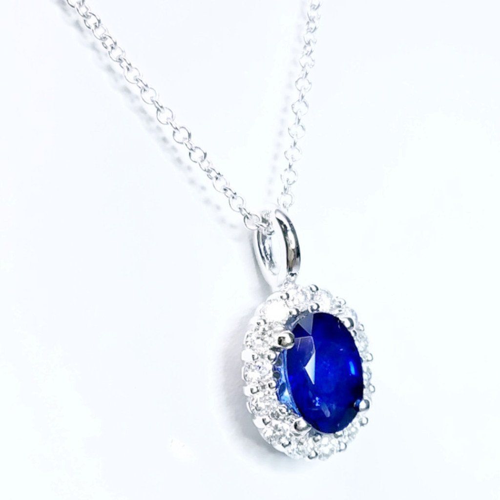 "PEND01642" Oval Halo Sapphire Pendant Necklace