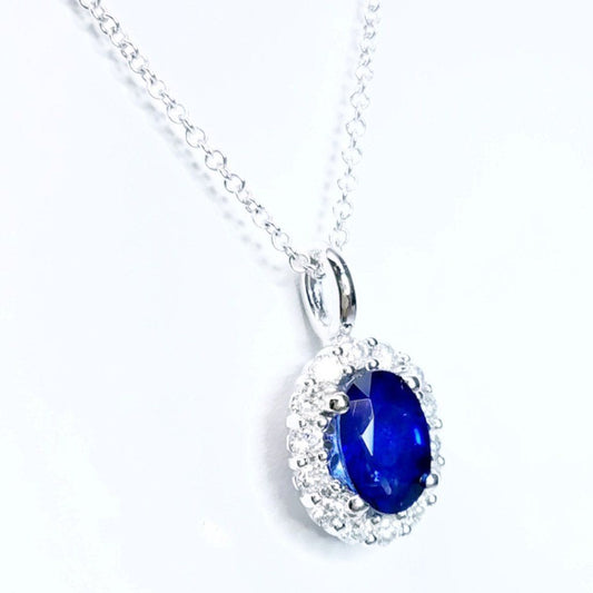 "PEND01642" Oval Halo Sapphire Pendant Necklace