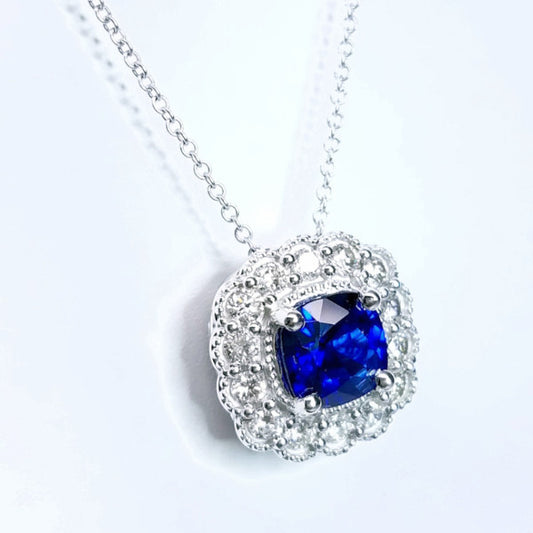 "PEND01565" Cushion Cut Vintage Inspired Sapphire Pendant