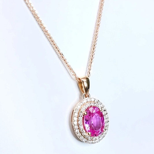 "PEND01648" Pink Sapphire Double Halo Diamond Pendant