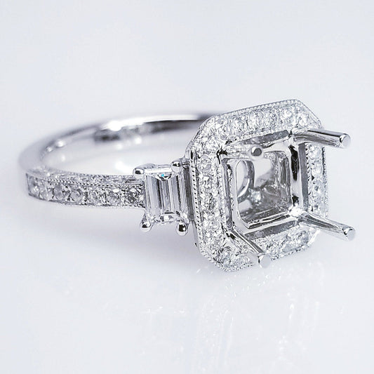 "ENGR03176" Three Stone Diamond Engagement Ring Setting For An Asscher Cut Diamond