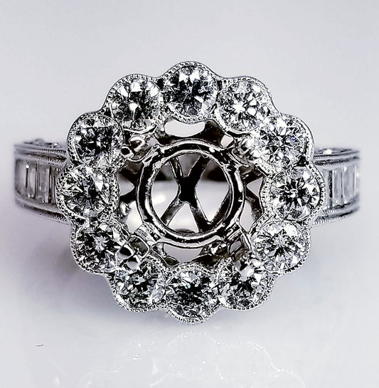 "ENGR01788" Diamond Halo Setting With Antique Flare And Vintage Baguettes