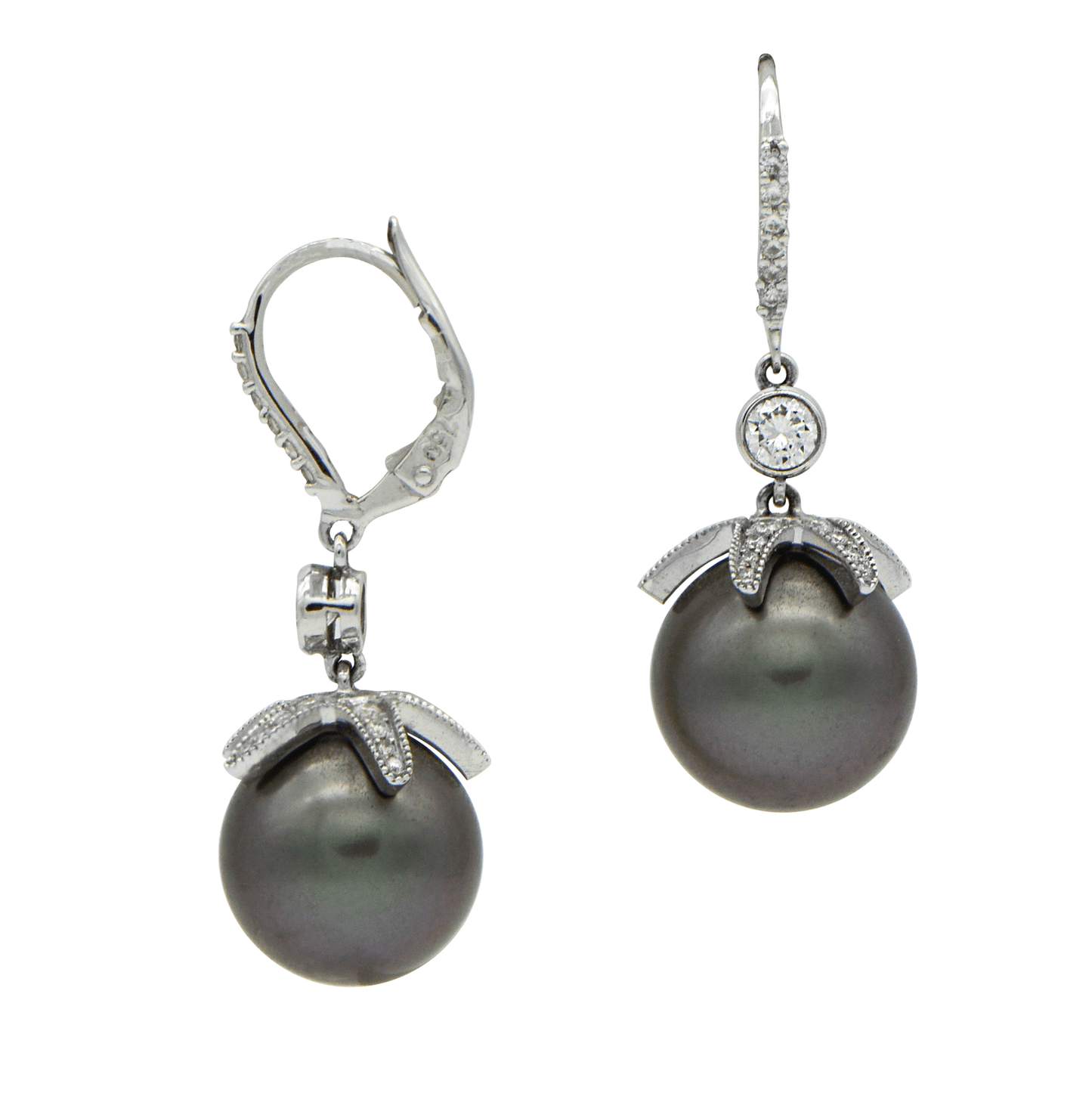 "EARR00899" Diamond Tahitian Pearl Drop Earrings - 18K White Gold