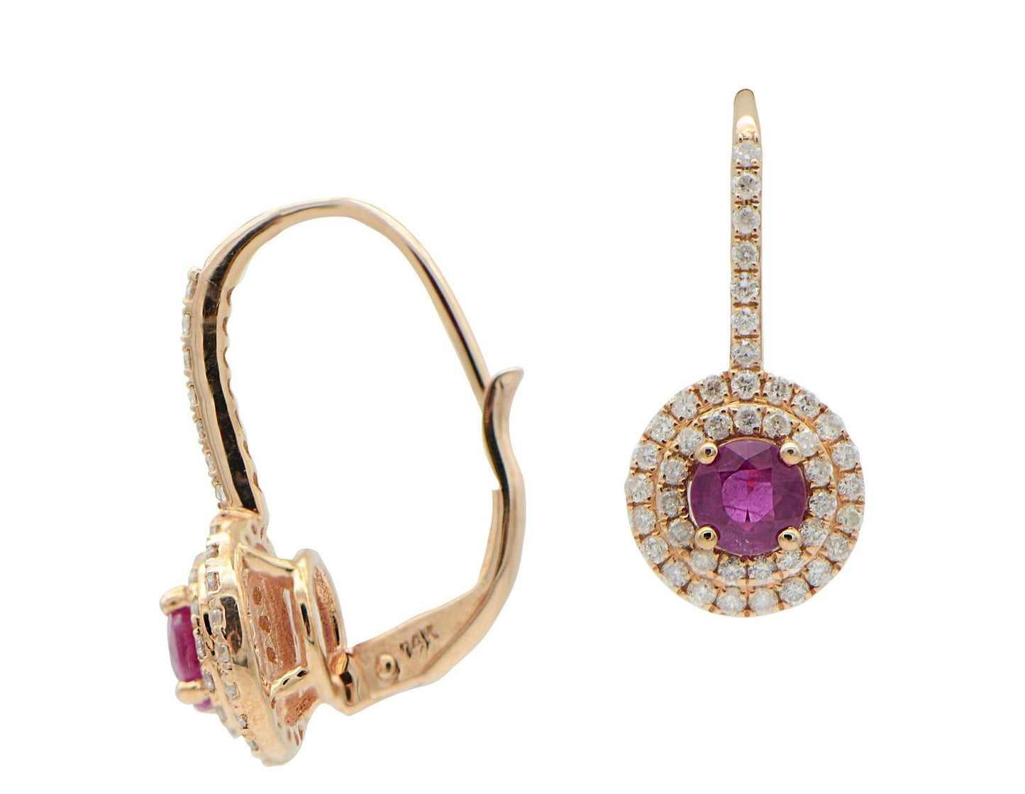 Double Halo Ruby Drop Earrings in Rose Gold