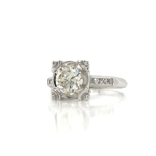 "ENGR02307" Antique Inspired Round Diamond Engagement Ring in 14K White Gold Square Setting