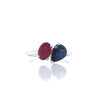 2.18 total Carat Pear Shaped Sapphire and Oval Shaped Ruby Two-Stone Ring in 14K White Gold