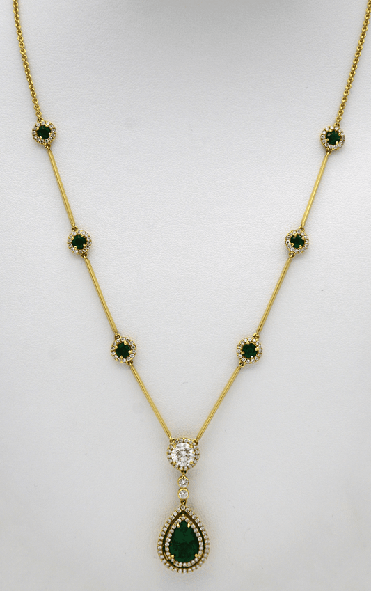 "PEND01395" Emerald and Diamond Teardrop Necklace in Yellow Gold