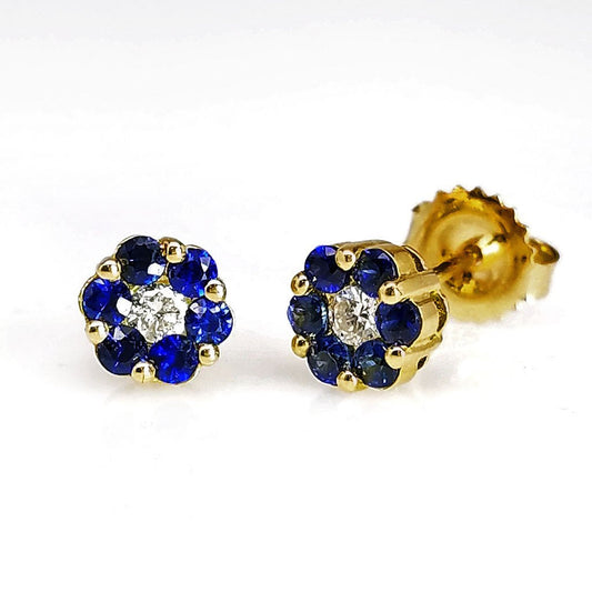 "EARR03348" Sapphire Diamond Floral Motif Post Studs Earrings