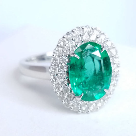 "ENGR01515" Oval Green Emerald Diamond Ring