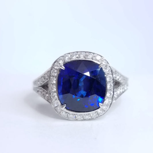 7.09 Total Carat Sapphire and Diamond Halo Pave-Set Ladies Engagement Ring