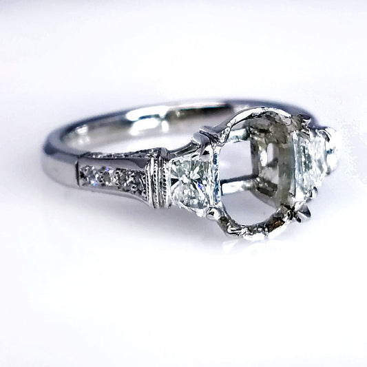 "ENGR02122" Platinum Vintage Style Oval Three Stone Engagement Ring Setting