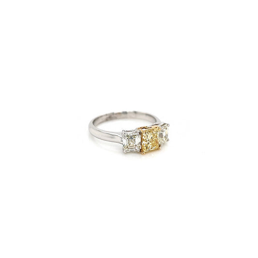 1.94 Total Carat Fancy Yellow Diamond Three Stone Ladies Engagement Ring. GIA Certified.