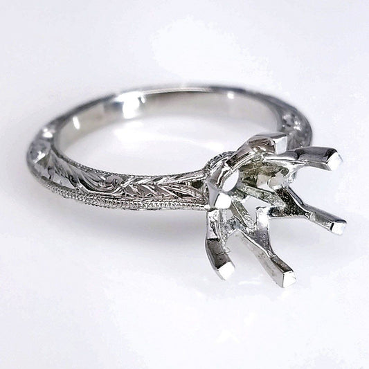 "ENGR02580" Six Prong Hand Engraved Diamond Engagement Ring Setting