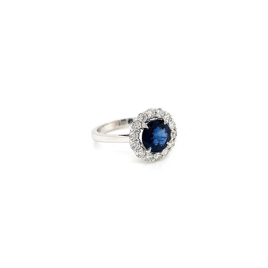 3.08 Total Carat Blue Round Sapphire and Diamond Halo Ladies Engagement Ring