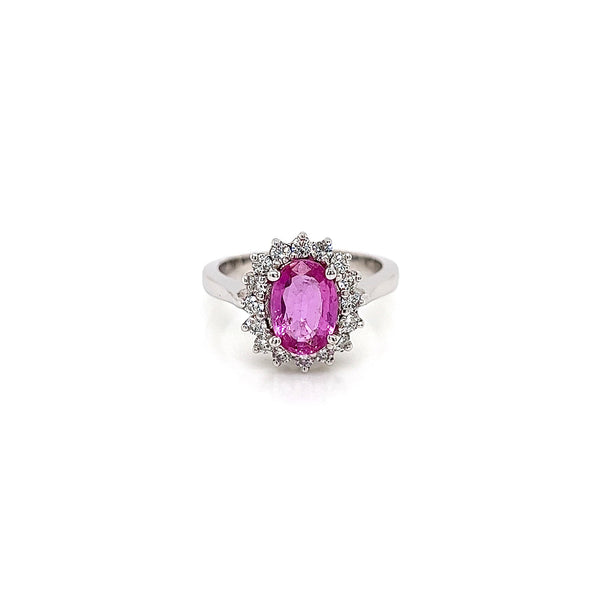 2.16 Total Carat Pink Sapphire Diamond Halo Ladies Ring
