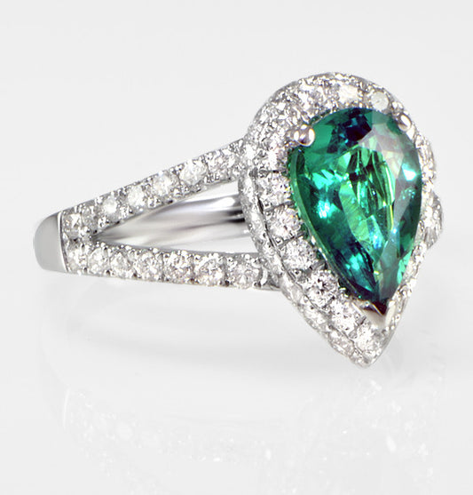 "LADRG01444" Pear Shape Green Emerald Ring With Diamondsin 18K White Gold 1.15 ct. tw.
