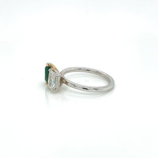 2.18 Total CT Two-Stone Emerald and Diamond Ladies Ring in 18K White Gold, GIA