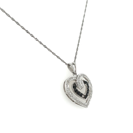 Double Heart Shaped White and Black Diamond Pendant Necklace in 14K White Gold
