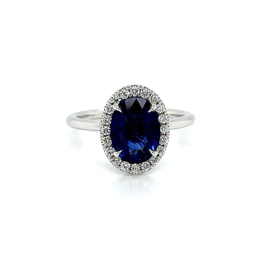 1.88 Total Carat Sapphire Diamond Halo Ladies Ring in 18K White Gold