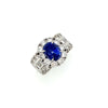 Sapphire and Diamond Halo Ladies Ring with Side Diamonds in Platinum
