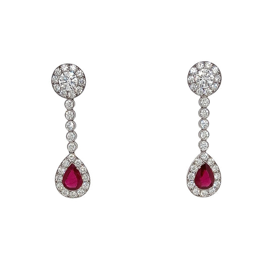 4.94 Total Carat Ruby and Diamond Drop Earrings in Platinum