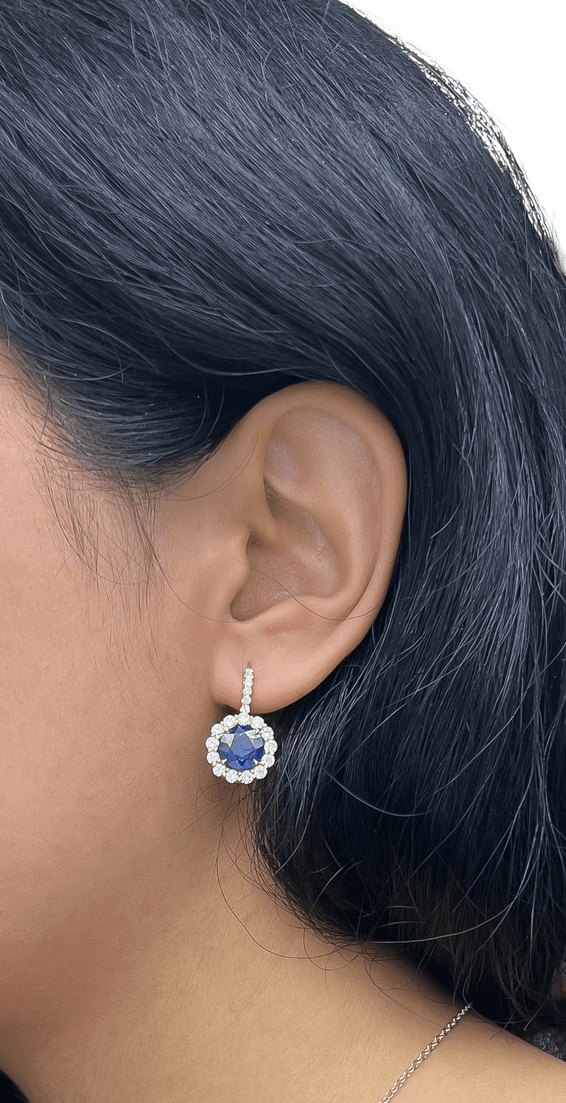 6.23 Total Carat Blue Sapphire and Diamond Halo Pave Earrings in 18K Gold