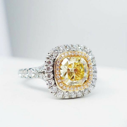 2.22 Total Carat Fancy Yellow Diamond Double Halo Pave-Set Ladies Engagement Ring, GIA Certified
