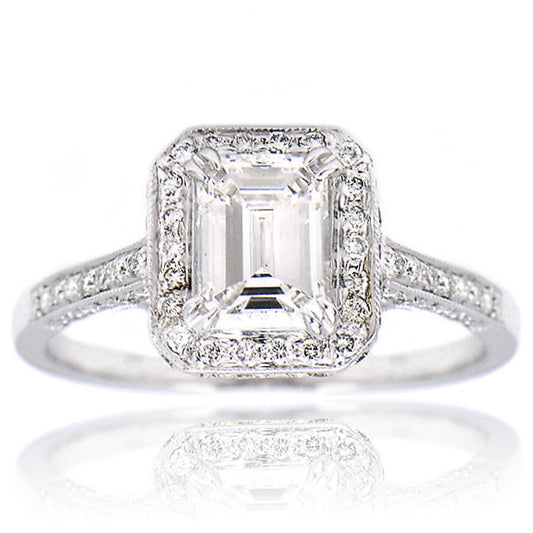 "ENGR02605" Emerald Cut Pave Halo Vintage Inspired Engagement Ring