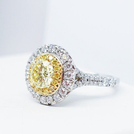 2.04 Total Carat Fancy Yellow Diamond Ladies Engagement Ring. GIA Certified.