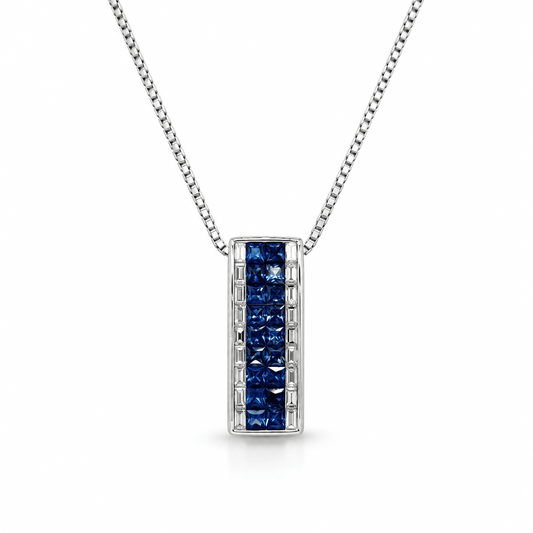 18K White Gold ~ 1.95 Total Carat Sapphire and Diamond Bar Pendant Necklac2