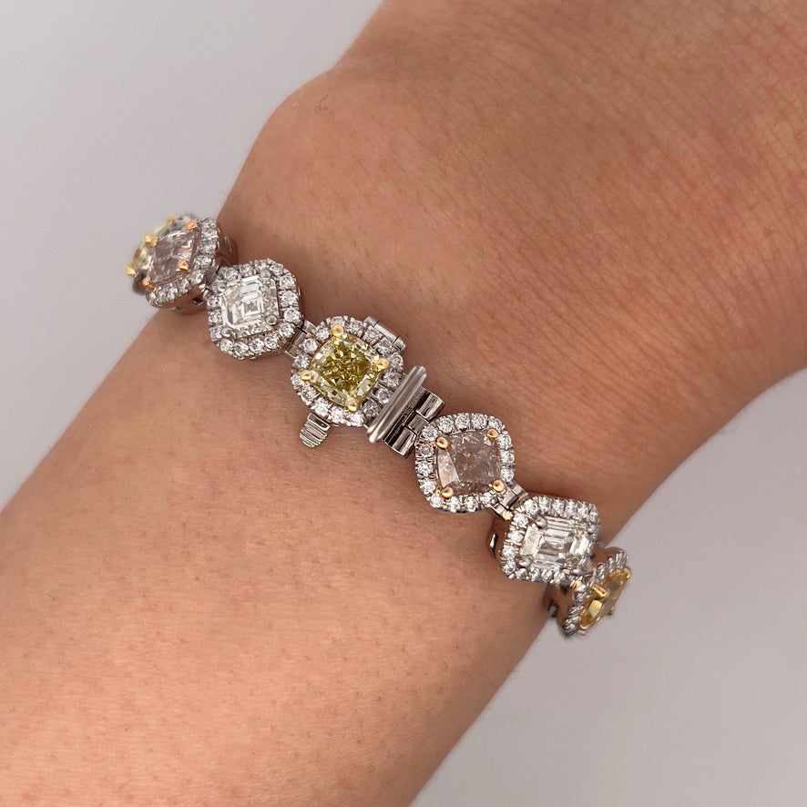 17.89CT Multi Shaped/Color Diamond Tennis Bracelet, GIA Certified Stones, set in 18K Gold