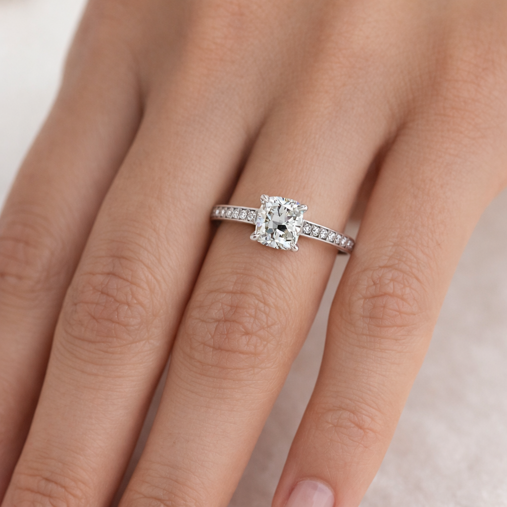 "ENGR02626" 0.98 Carat Cushion Cut Diamond Engagement Ring With Invisible Set Pavé
