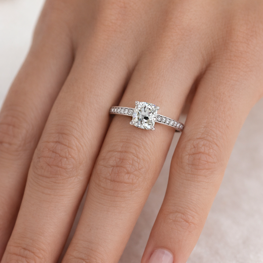 "ENGR02626" 0.98 Carat Cushion Cut Diamond Engagement Ring With Invisible Set Pavé