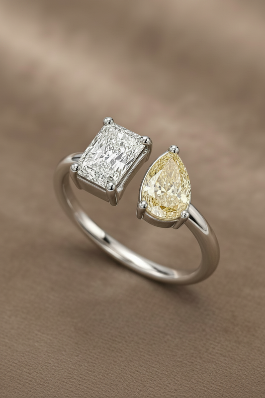 Lab Grown Diamond RING1080~ Toi et Moi, Radiant & Fancy Yellow Pear Cut