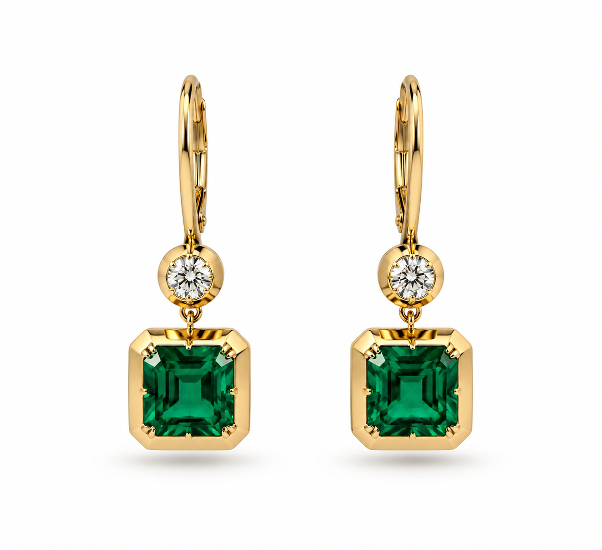 Colombiam Emerald & Diamond Asscher - Cut Drop Earrings 14K Yellow Gold