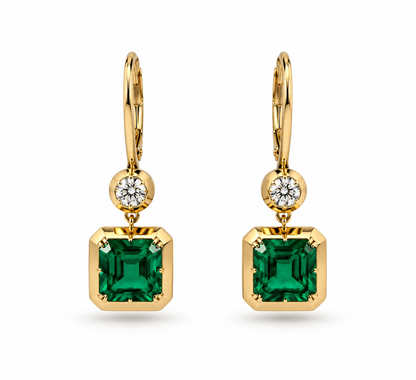 Colombiam Emerald & Diamond Asscher - Cut Drop Earrings 14K Yellow Gold