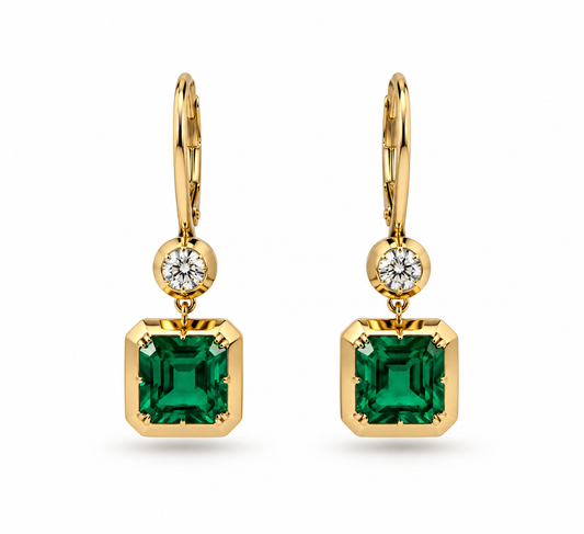 Colombiam Emerald & Diamond Asscher - Cut Drop Earrings 14K Yellow Gold