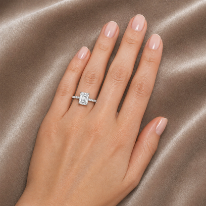 "ENGR03003" Emerald Cut Solitaire Diamond Engagement Ring With Pave